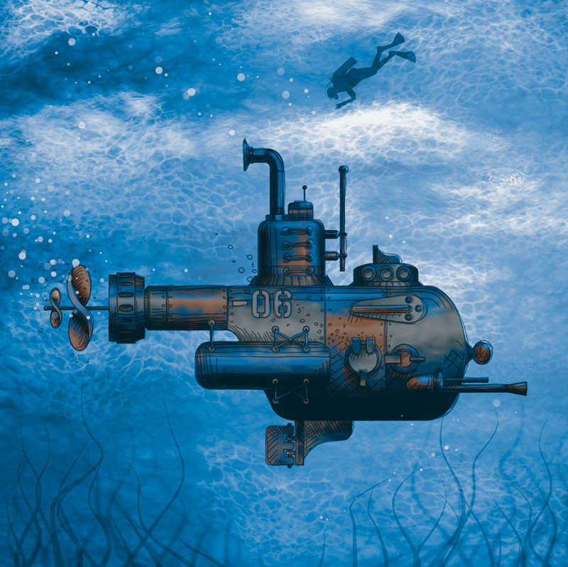 ilustracja zabawny statek podwodny w głebinach oceanu