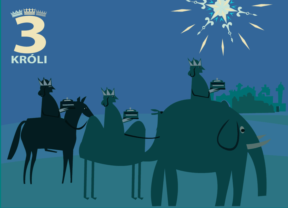 Śłoń, wielbłąd i koń na ilustracji pokazującej orszak Trzech Króli