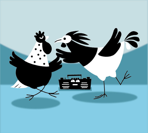 rysunek przedstawiający tańczące kury w rytm radiowej muzyki