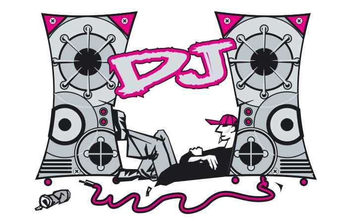 karykatura DJ z wielkimi kolumanmi  głośnikowymi