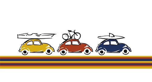 rysunek trzech samochodów Garbus jadących na wakacje