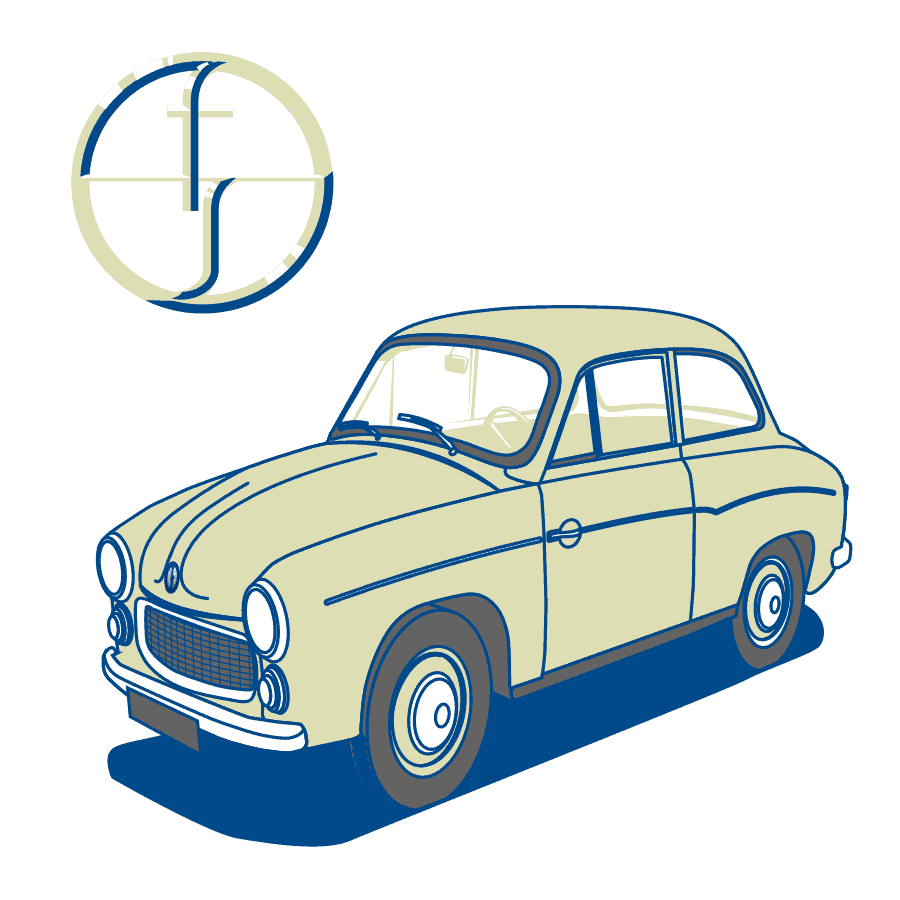 Rysunek samochodu Syrenka z logo FSO